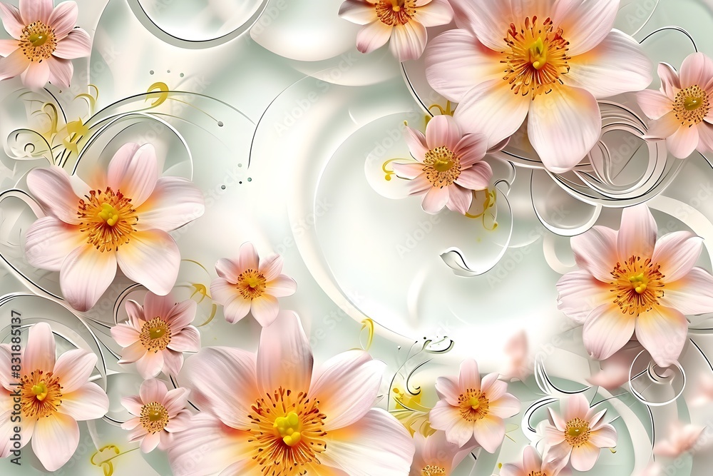 Obraz premium 3d wallpaper stretch ceiling decoration with orange and yellow flowers, pink peonies and white swirls. Background vector for wall mural.