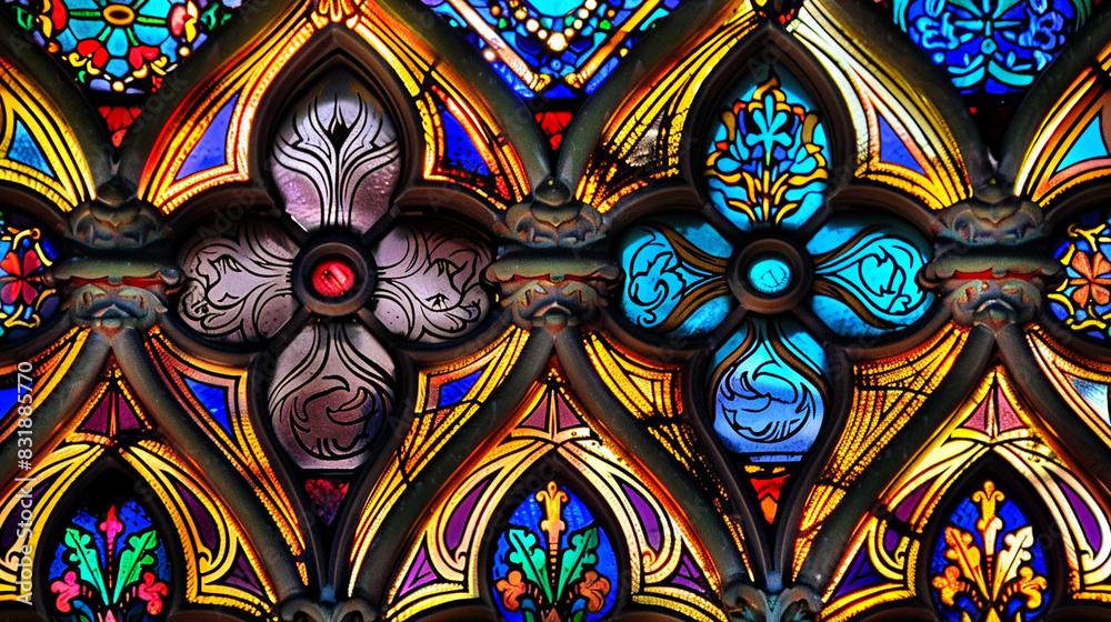 A detailed image of a stained glass window in a church, showing intricate designs and vibrant colors.