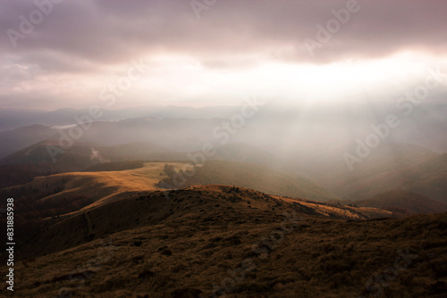 stunning autumn scene in mountains, autumn morning dawn, nature colorful background, Carpathians mountains, Ukraine, Europe	 photo