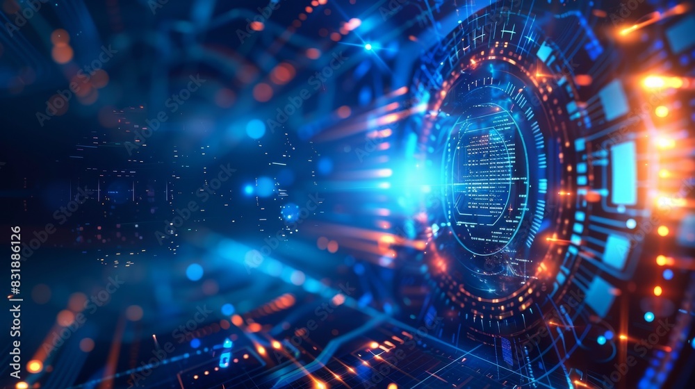 A futuristic space with a blue hologram screen in the center. The technology background A futuristic space with a blue hologram screen in the center. The technology background