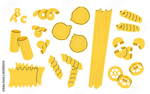 Pasta collection isolated on white background. Vector flat cartoon macaroni illustration. Italian cuisine, food icons and design elements set.