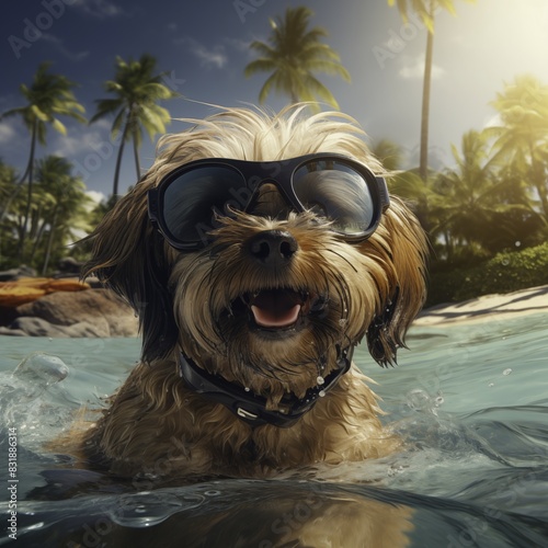 Adorable dog swimming in the water with a tropical beach background