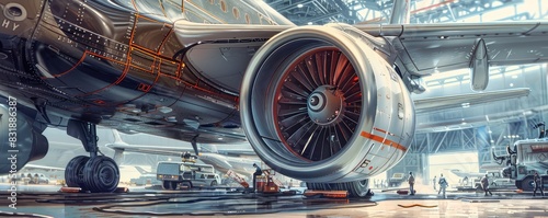 Detailed view of a jet engine with sleek metallic surfaces in a well-lit airplane hangar, showcasing modern aviation design.