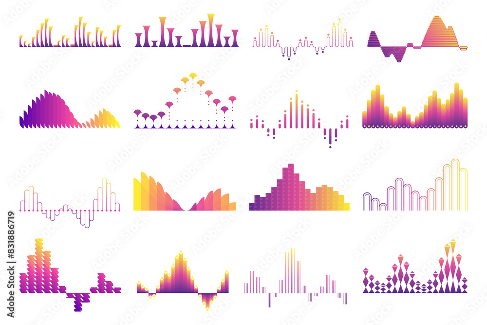 Obraz premium Sound waves set, audio digital equalizer technology. Voice line waveform, volume level symbol. Musical pulse Illustrations on white background