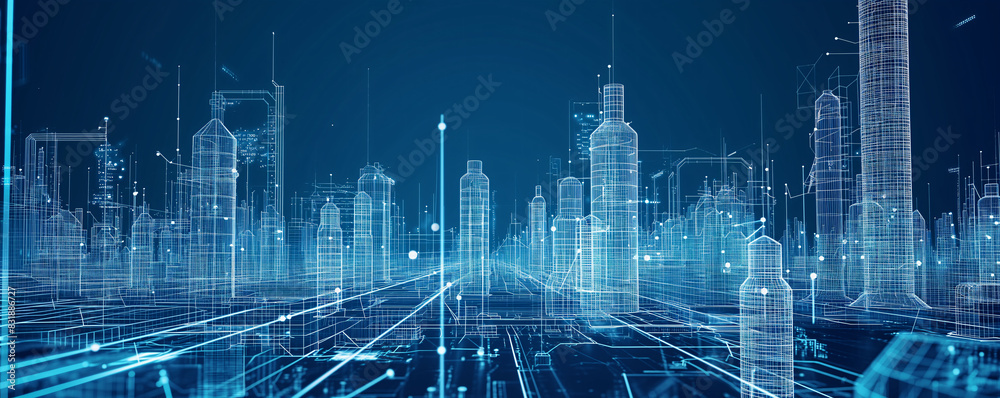 Neon blue wireframe Oil Refinery factory demonstrating smart technology in the oil refining industry Neon blue wireframe Oil Refinery factory demonstrating smart technology in the oil refining industry