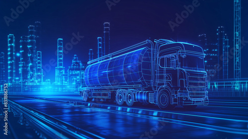 Neon blue wireframe truck in Oil Refinery factory demonstrating smart technology in the oil refining industry