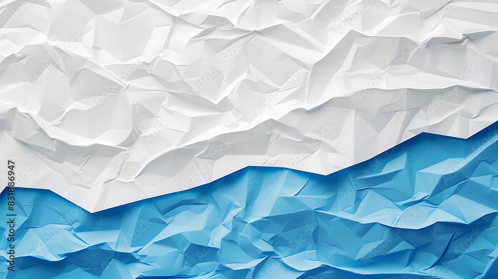 Fototapeta premium A minimalist blue wave pattern on a white origami paper texture
