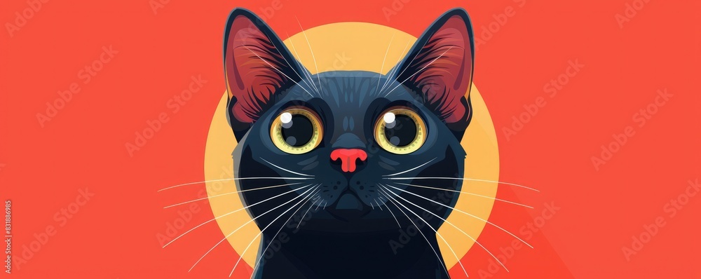 Fototapeta premium Black cat with big eyes looking up against an orange background.