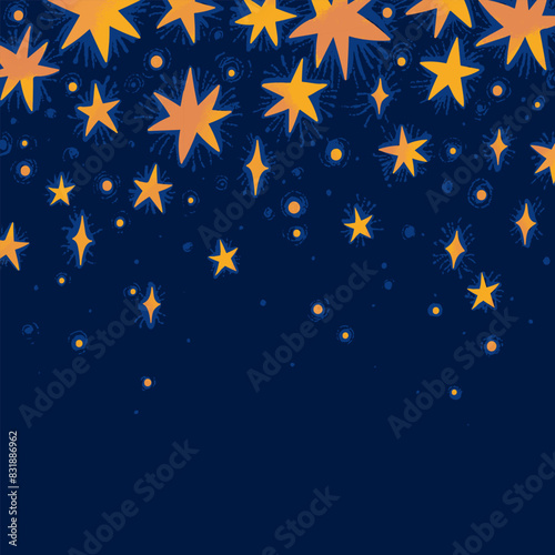 Falling stars on dark background. Vector vintage illustration with bright orange stars. Abstract hand drawn magic holiday template with place for text. Design for greeting card, invitation, banner