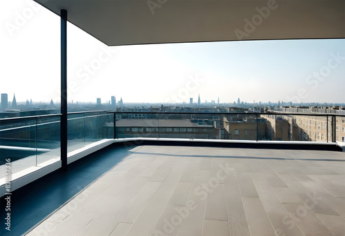 An empty terrace balcony on penthouse NY,Madrid,London with plants windows carpet Augmented reality mockup pattern frame