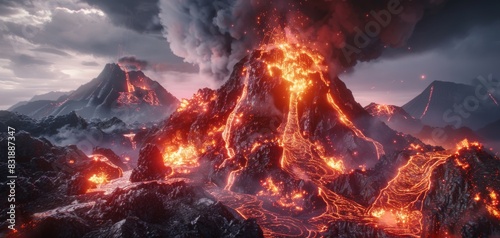 Capture a powerful volcanic eruption in CG 3D, showcasing molten lava spewing out with intense heat and glowing red hues against a dark, ominous sky