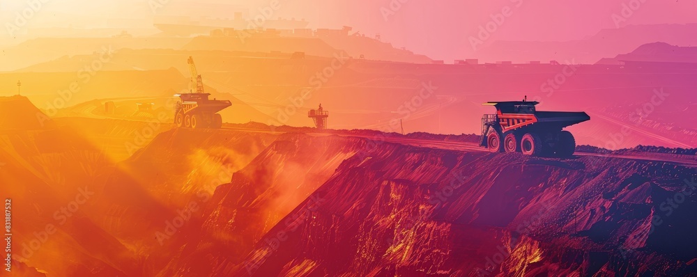 Openpit mining processes close up, focus on, copy space, vibrant colors, Double exposure silhouette with earth movers Openpit mining processes close up, focus on, copy space, vibrant colors, Double exposure silhouette with earth movers