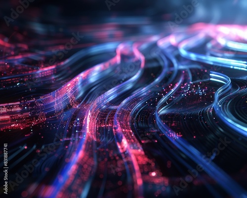 Produce a futuristic, abstract data visualization art piece depicting the flow of information using CG 3D techniques