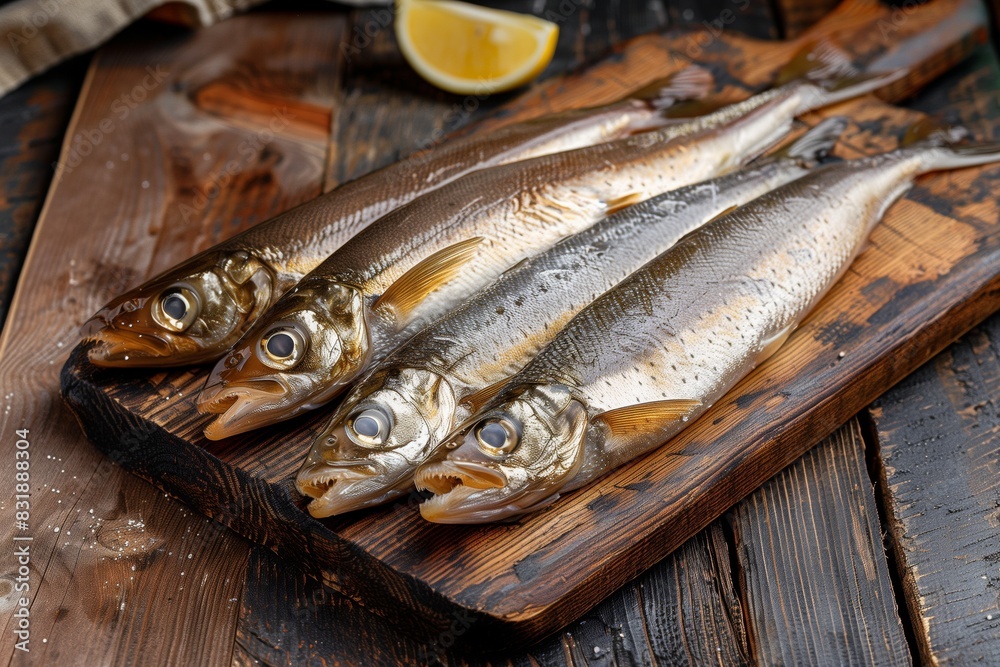 beautiful serving of fish on a chopping board beautiful serving of fish on a chopping board