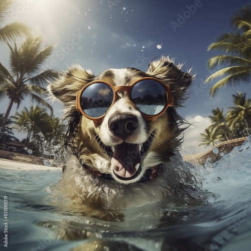 Adorable dog swimming in the water with a tropical beach background