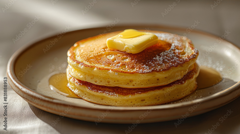 A stack of pancakes with butter and syrup on a plate. A stack of pancakes with butter and syrup on a plate.