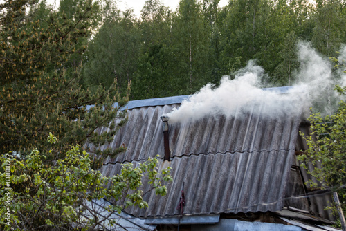 A rural excerpt from the life of a roof with a smoking chimney