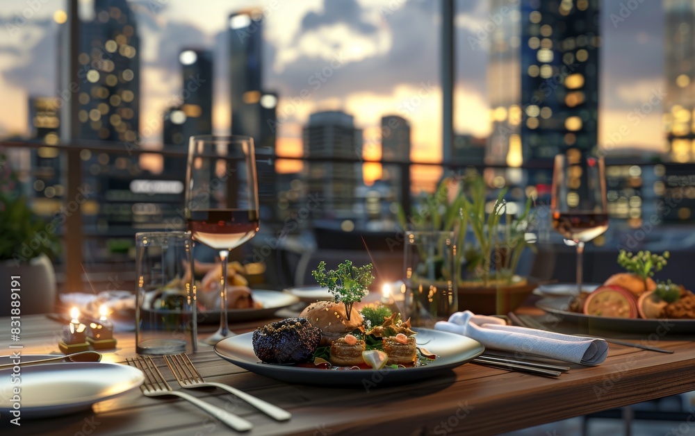 Panoramic CG 3D rendering of a modern rooftop dining experience Panoramic CG 3D rendering of a modern rooftop dining experience