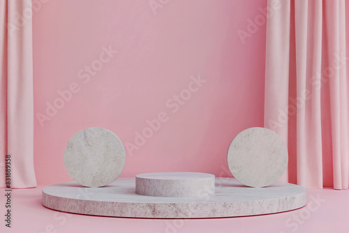 Minimalist display setup featuring pink curtain backdrop with marble platforms and circles, ideal for elegant and modern product presentations.
