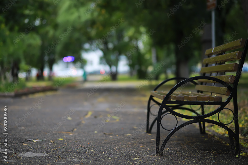Autumnal park with bench. Falling leaves. Focus on bench Autumnal park with bench. Falling leaves. Focus on bench