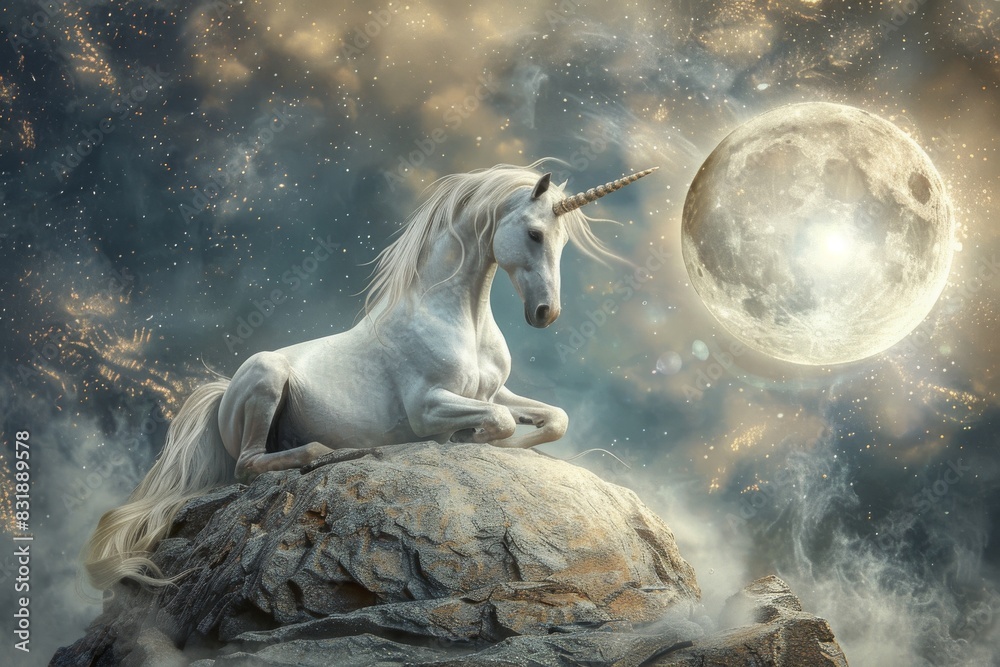 Design a surreal scene of a mythical unicorn emerging from a shimmering ...