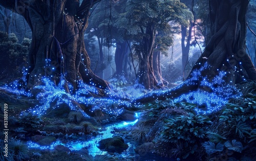 A digital artwork showcasing a fantastical forest scene, where bioluminescent mycelial networks weave through ancient trees, emitting a soft, ethereal glow © Pornarun