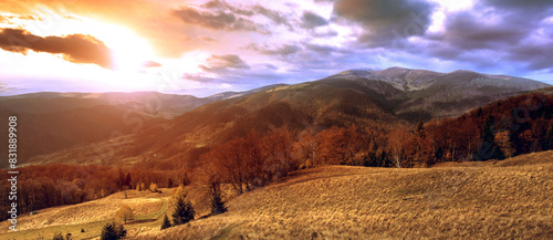 stunning autumn scene in mountains, autumn morning dawn, nature colorful background, Svidovetz range near Rahiv, Carpathians mountains, Ukraine, Europe photo