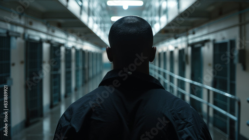 A silhouette in front of a stark modern prison cellblock under cold fluorescent lights.