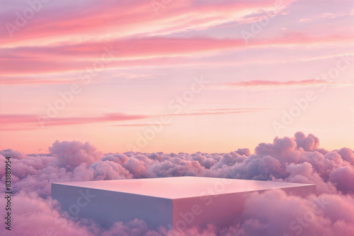 White platform surrounded by pink clouds and a pastel sky. Design for poster, greeting card, invitation, postcard, banner.