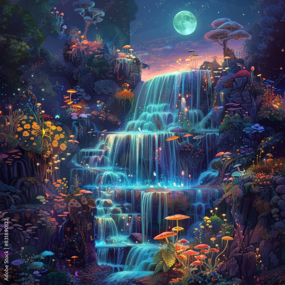 Fototapeta premium Enchanting night scene with cascading waterfall in mystical forest under a full moon, illuminated by vibrant, colorful flora and glowing fungi.