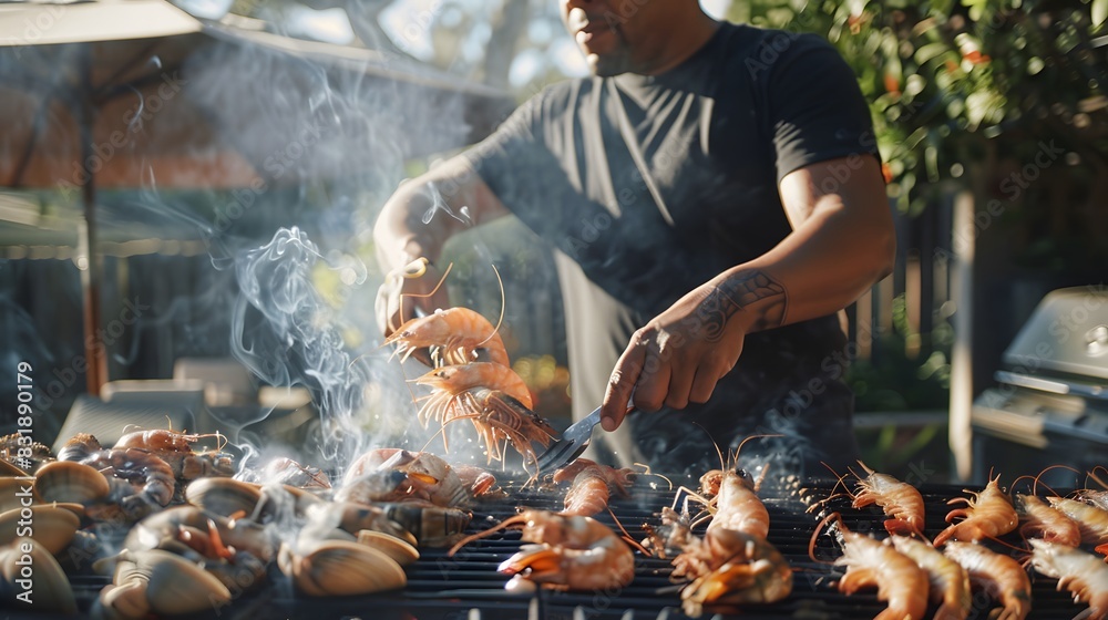 Fototapeta premium someone Grilled shrimp on stove. seafood of Thailand.