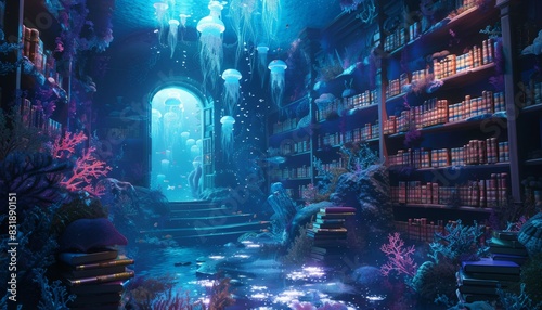Design an ethereal library submerged underwater, with shimmering coral bookshelves, sea glass books, and illuminated by bioluminescent jellyfish floating above photo