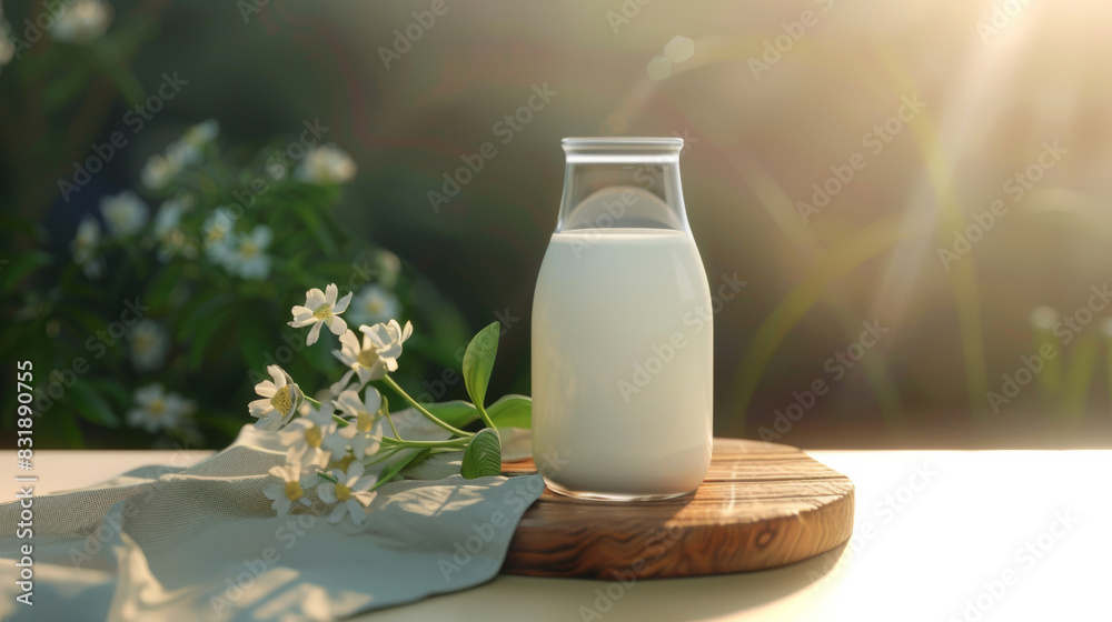 Tranquil scene of a fresh milk bottle beside wildflowers in the glowing morning light. Tranquil scene of a fresh milk bottle beside wildflowers in the glowing morning light.