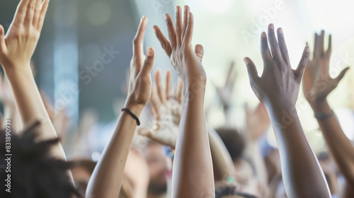Energetic crowd raising hands in excitement at a concert.