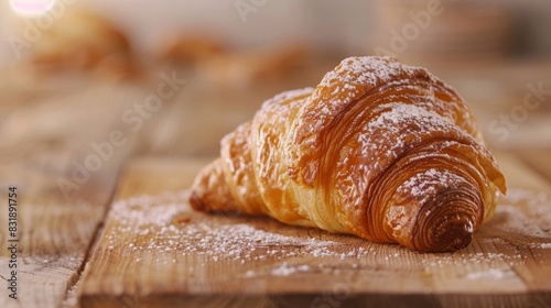 Close-up shot of a freshly baked croissant, flaky golden layers, dusted with powdered sugar, on a rustic wooden table, artisanal food styling, photorealistic with natural lighting
