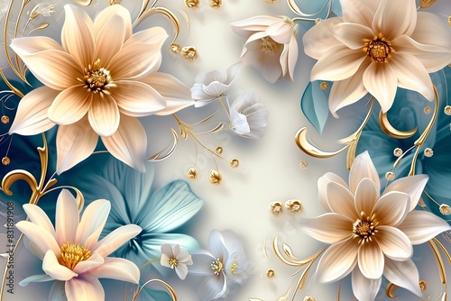 3d floral background with white and pink flowers, golden swirls and gold leaves on light blue background 