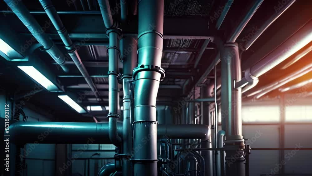 Ventilation pipe system in technical room of building, pan shot right. Providing fresh air to indoor and office premises. Ventilation pipe system in technical room of building, pan shot right. Providing fresh air to indoor and office premises.