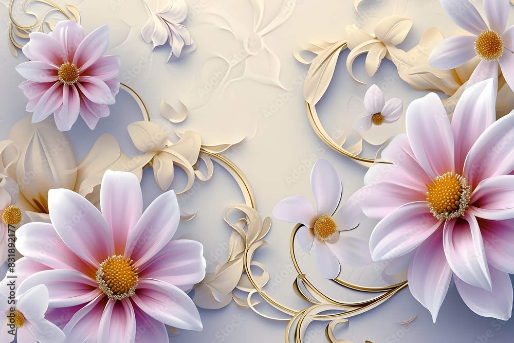 Obraz premium 3d wallpaper with white and pink flowers, golden swirls and leaves on light blue background. Elegant floral frame for wall art design, mural 