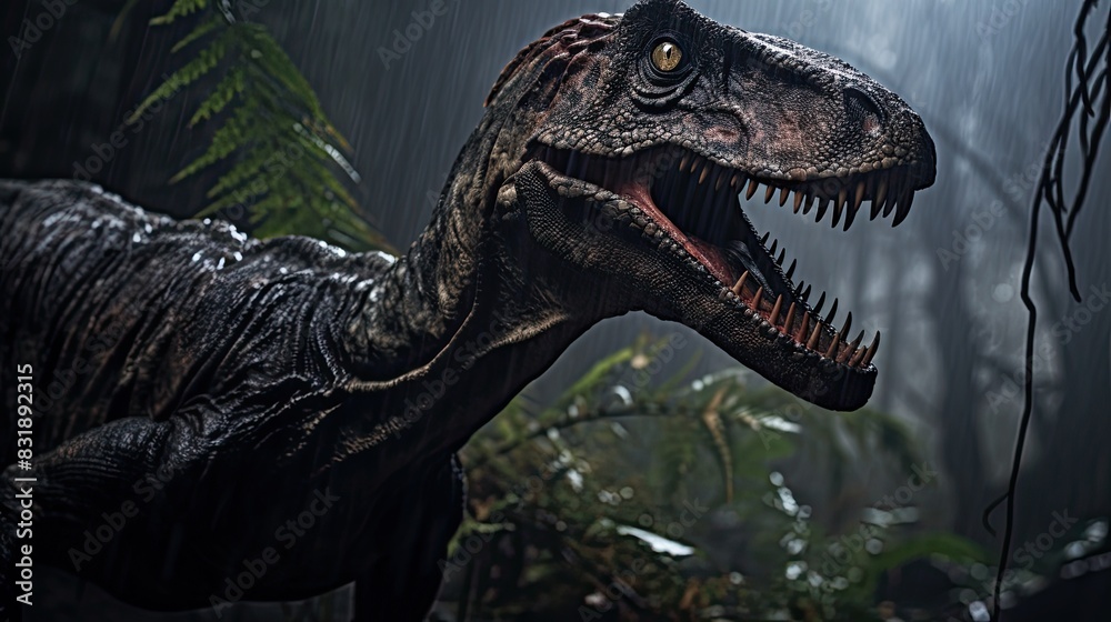 Obraz premium Dinosaur Roaring in the Rain