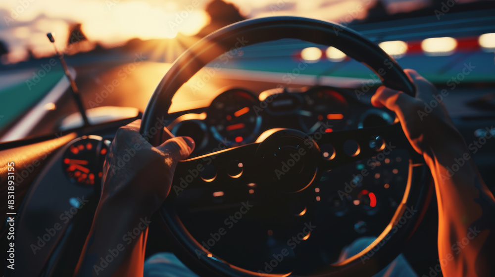 Driver's perspective inside a car with hands on the wheel, racing against a sunset backdrop. Driver's perspective inside a car with hands on the wheel, racing against a sunset backdrop.
