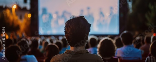 Viewer's perspective of an audience watching an outdoor cinema screen at dusk.