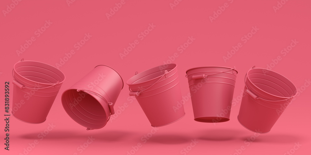Set of metal garden buckets for hydration of plants isolated on monochrome Set of metal garden buckets for hydration of plants isolated on monochrome