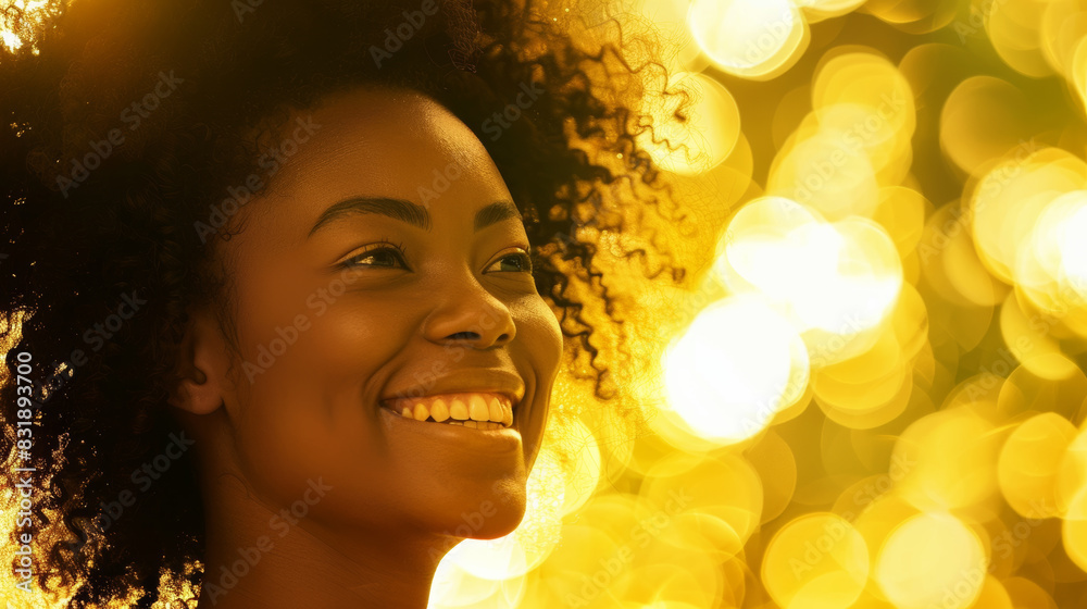 Radiant woman smiling joyfully with golden sunlight flaring in the background. Radiant woman smiling joyfully with golden sunlight flaring in the background.