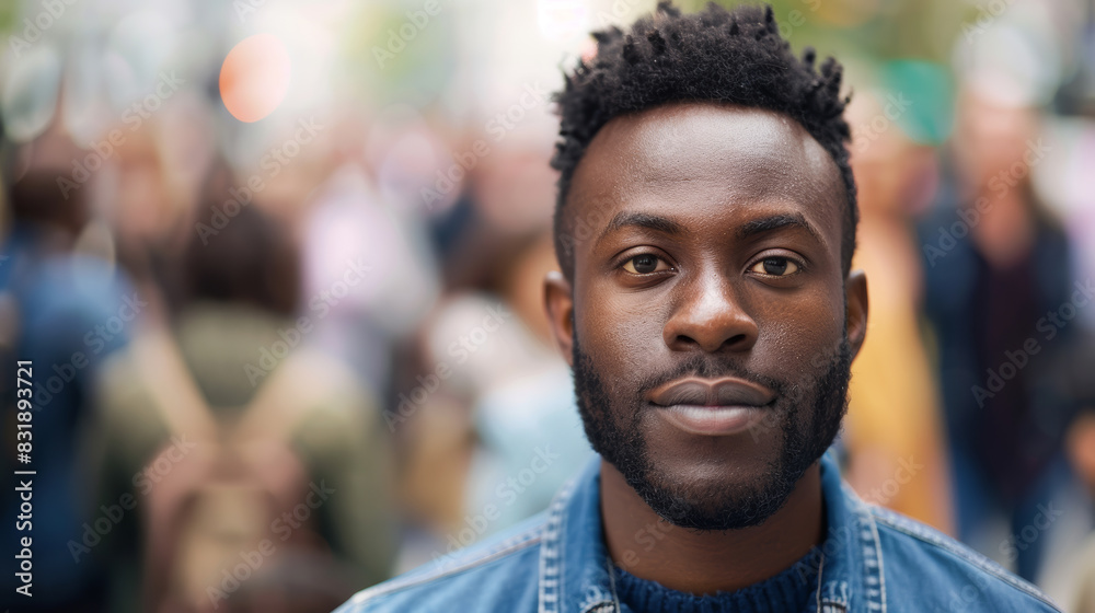 Portrait of a self-assured man amid a blurred crowd, standing out distinctly. Portrait of a self-assured man amid a blurred crowd, standing out distinctly.