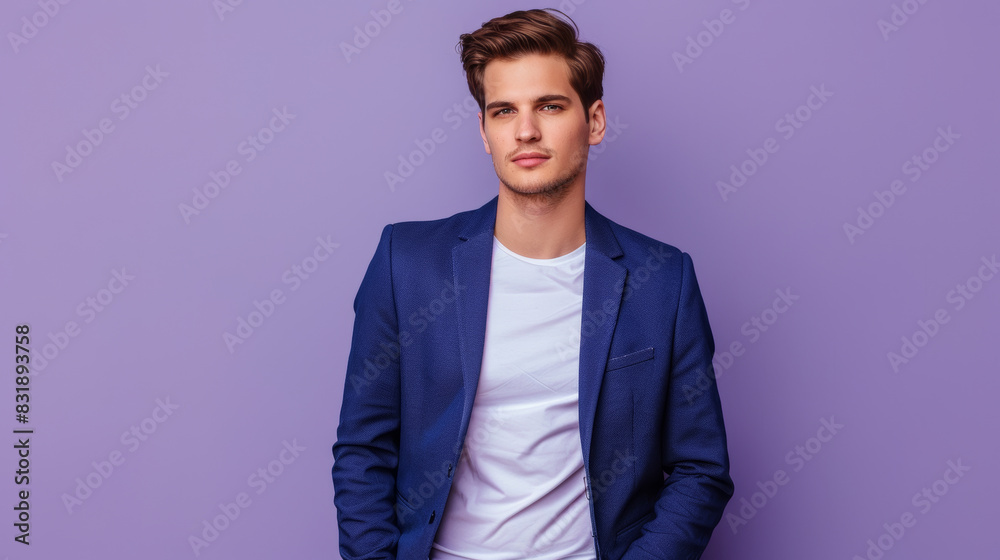 Fototapeta premium Fashionable young man posing confidently against a purple background.