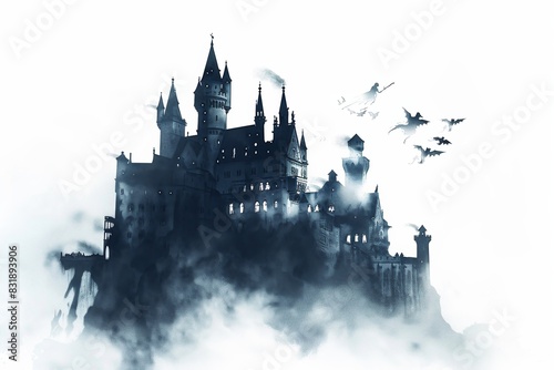 Haunted castle on a white background ancient castle bats flying around displayed
