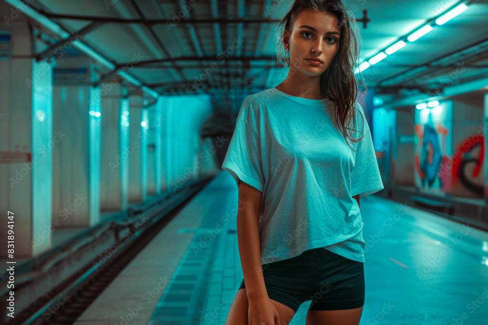 Fototapeta premium Beauty young woman in a mysterious platform of the underground