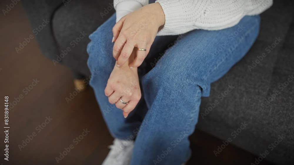 A casual woman scratching her arm while sitting indoors wearing jeans and a sweater. A casual woman scratching her arm while sitting indoors wearing jeans and a sweater.