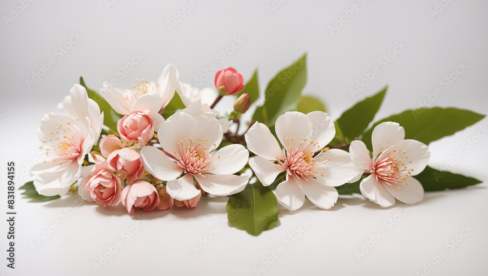 A branch of delicate pink cherry blossoms with green leaves on a white background.

