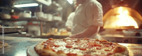 A chef in a professional setting is meticulously adding toppings onto a pizza  showcasing culinary skill.